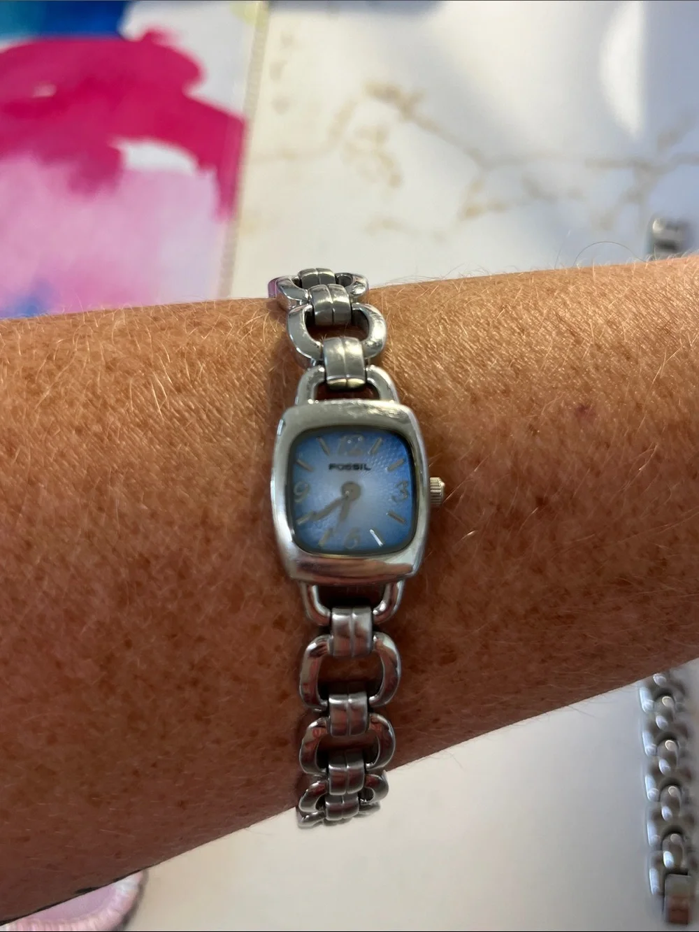 2 F2 Fossil Silver Link Bracelet Watches with Blue and iridescent Dials